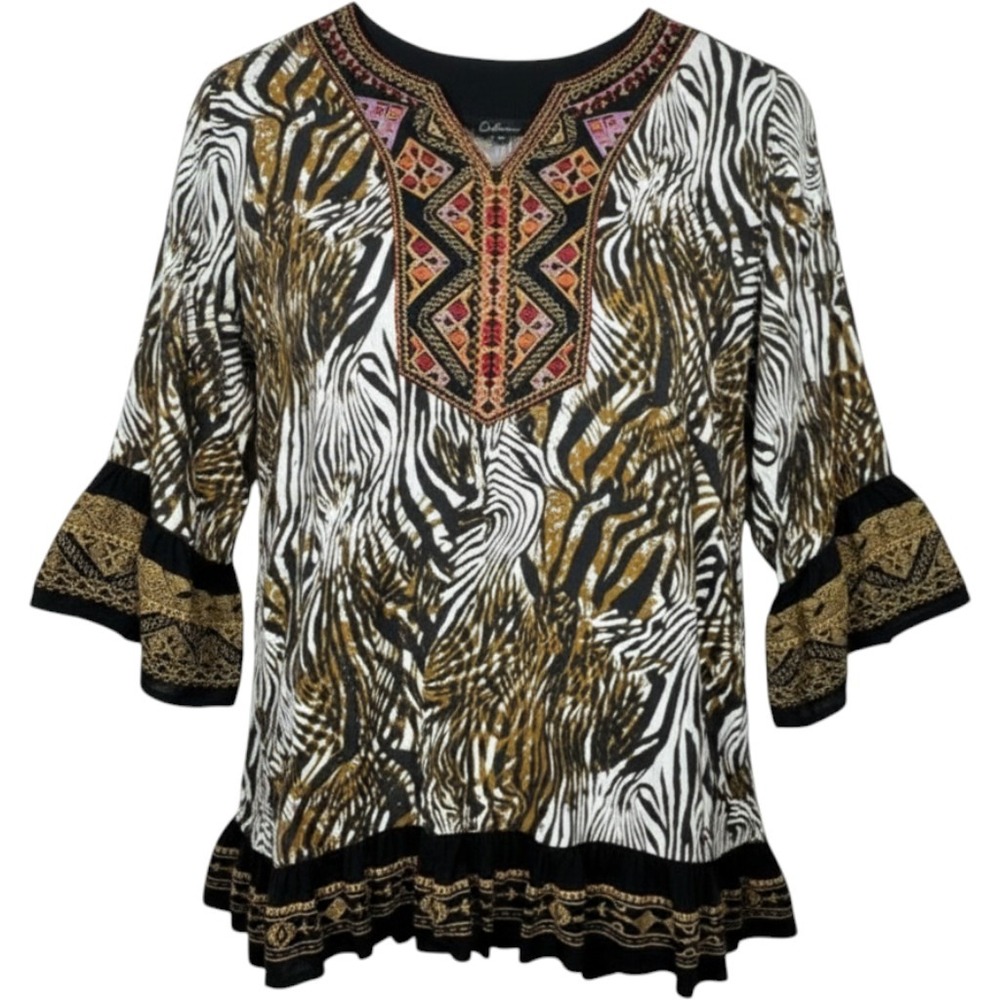 Calessa Top Women 2XL‎ Animal Print Embroidered V Neck Flowy Boho Artsy Chic